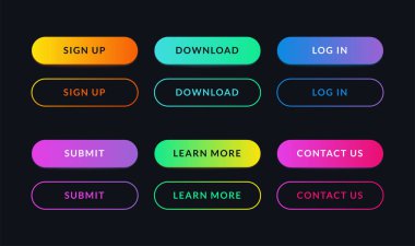 Gradient web ui düğmeleri. Neon internet menü elementleri seti, uygulama arayüzü koyu ve parlak renklerde. Vektör sanatı