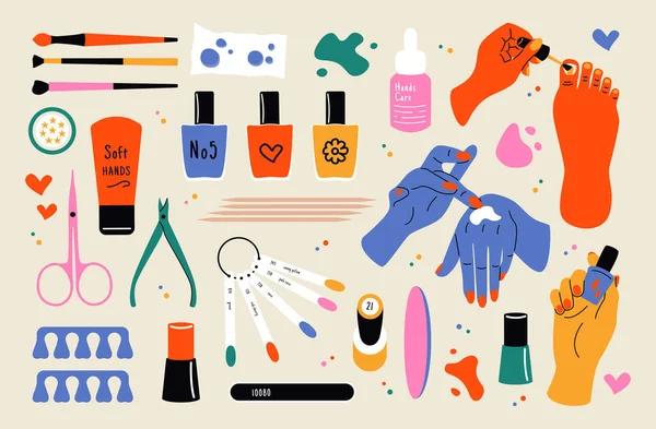 Ferramentas de doodle de cuidados de unhas. Conjunto de vetor de cosméticos, serviço de salão de beleza, equipamento de manicure. Creme, escova, mãos femininas — Vetor de Stock