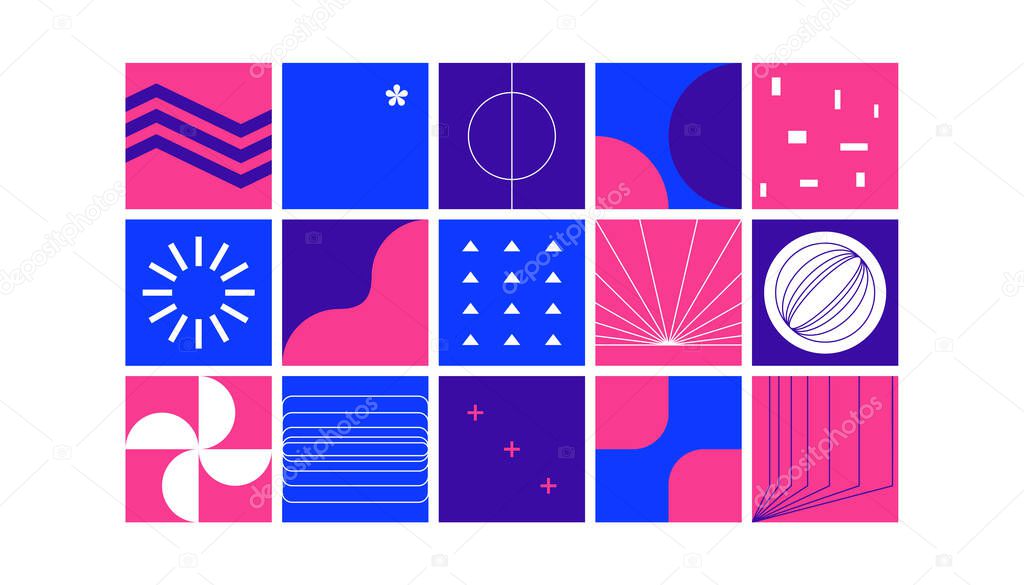 Abstract brutalism shapes. Colored geometric objects in futuristic style. Computer graphic, blue and pink vector set.