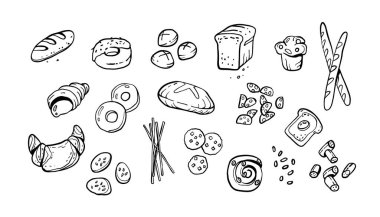 Karalama ekmek ürünleri. Pişmiş un somunları, tostlar ve kurabiyeler. Çekilmiş fırınlar vektör seti, yiyecek koleksiyonu