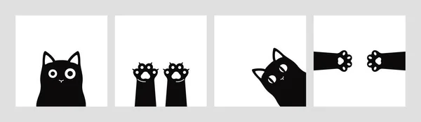 Monochromatyczne banery z sylwetką kota. Zestaw czarnych kotków z dużymi oczami i dwiema łapami. Cute zwierząt wektor sztuki kreskówek — Wektor stockowy