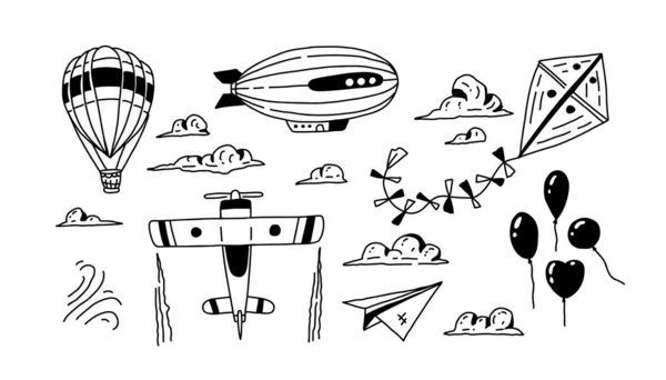 Transporte aéreo Doodle. Conjunto de ícones de viagem de desenhos animados com balões, avião, nuvens, balão de ar quente e céu. Arte vetorial desenhada — Vetor de Stock