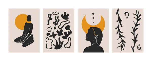 Abstraktní ženské boho zázemí. Ženská silueta těla se sluncem, měsícem a tvary. Sada minimalistických plakátů ve vektoru — Stockový vektor