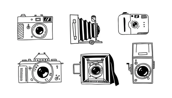 Caméra dessinée à la main. Photographie appareils photo professionnels rétro dslr. Ensemble d'outils photo minimes rétro dans le vecteur — Image vectorielle