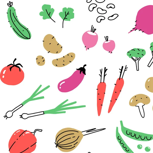 Doodle legumes sem costura padrão. Comida vegetariana saudável, salada verde, legumes de desenhos animados frescos, conjunto de vetores sem costura — Vetor de Stock