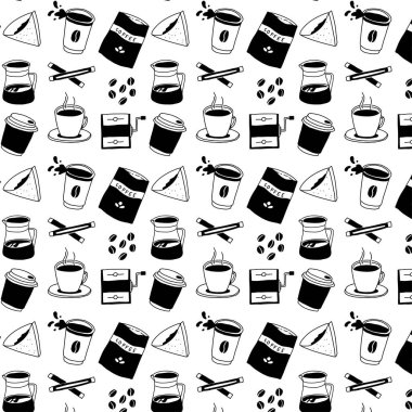 Kahvenin pürüzsüz şekli. Damlayan siyah filtreli fincanlar, kahve seti, kafeterya vektörsüz arka plan