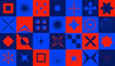 Geometrik soyut ve kalın şekiller. Minimum retro süs, 90 'ların hipster tarzı geometrik desen, vektör sanatı