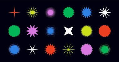 Geometrik vahşi yıldız cesur elementler. Yeni modern soyut şekiller, İsviçre tarzı minimalist tasarım. Vektör illüstrasyonu