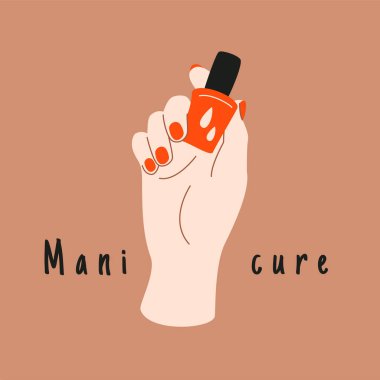 Kadın manikürcü elleri. Oje tutan kadın, tırnak bakımı afişi, güzellik merkezi konsepti. Elle çizilmiş soyut vektör kartı