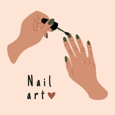 Kadın manikürcü elleri. Kadın oje, oje, güzellik merkezi konsepti. Elle çizilmiş soyut vektör kartı