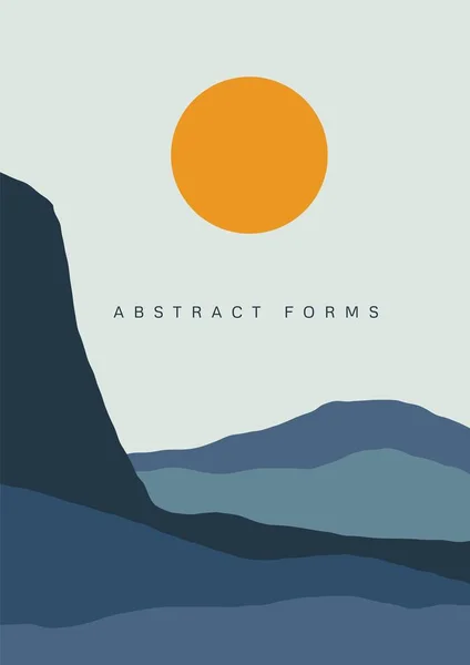 Cartel de paisaje abstracto. Fondo de la naturaleza, sol luna mar montañas mediados del siglo impresión de arte contemporáneo. Vector — Vector de stock