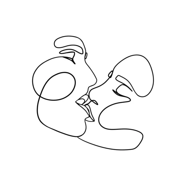 Um beijo de casal. Homem minimalista símbolo de amor mulher, amantes românticos linha contínua impressão de arte. Ilustração vetorial —  Vetores de Stock