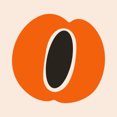 Şeftali ikonu. Taze meyveli düz çizgi film stili, soyut şeftali kayısı yarısı taş ve sulu hamurlu, turuncu doğal tatlı yiyecek sağlıklı beslenme konsepti. Vektör illüstrasyonu.