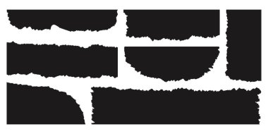 Yırtık kağıt parçaları. Yırtık kenarlı karton çarşaflar, yırtık kağıt parçaları, kolaj için boş kağıt parçaları, metin kutusu, afiş, çıkartmalar. Vektör seti.