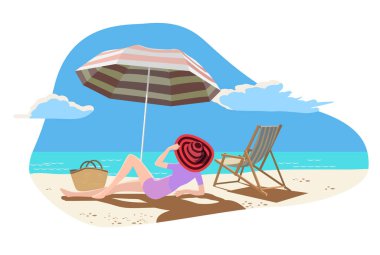 Sahildeki kız. Deniz. vektör.