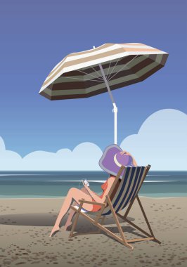 A girl on the beach against the backdrop of the sea sits under an umbrella in a striped sun lounger.