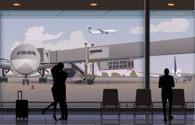 Havalimanı penceresinin arka planındaki insanlar karanlık siluetler gibidir, pencerenin dışında asansörü olan büyük bir uçak vardır..