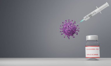 Kovid-19 aşılı 3 boyutlu bir şırınga ölümcül bir virüs. Tıp için dijital bir görüntünün canlandırması.