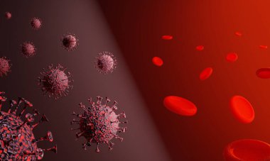 3 boyutlu Coronavirus ve kırmızı kan hücreleri. Hayati tehlikesi olan Covid-19 virüsünün tıbbi konsepti. Tıp için dijital bir görüntünün yansıması..