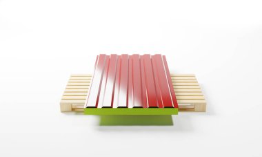 Beyaz bir arka planda izole edilmiş palet üzerinde dolgu-mineral yünü bulunan 3 boyutlu metal profil paneli. Endüstriyel ve iş dünyası için dijital bir görüntünün yansıması.