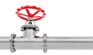 Beyaz arka planda izole edilmiş kırmızı valfli 3 boyutlu parlak metal boru. Endüstriyel görüntü için dijital görüntü..