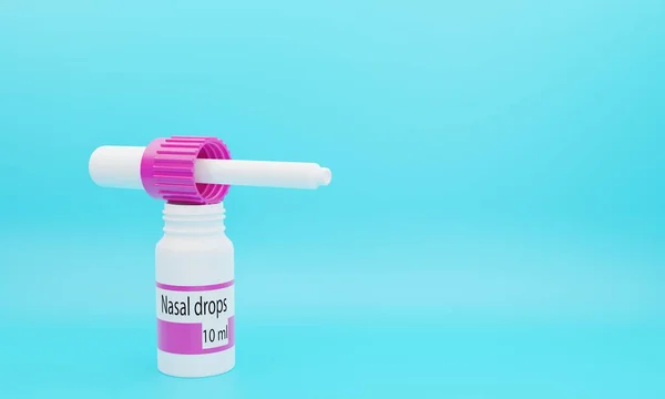 3D render of drops in the nose and ears with a runny nose and pain in the ears in a 10 ml plastic bottle and a pipette. Illustration of a digital image for medicine.