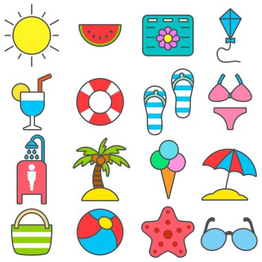 Deniz kıyısındaki tatil ve seyahat ikonları düz bir şekilde. Vektör illüstrasyonu.