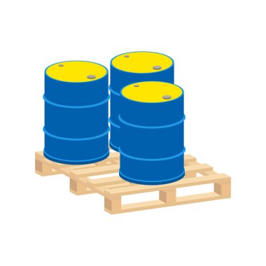 Bir palette metal variller. Vektör izometrik ve üç boyutlu görünüm.