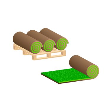 Turf Rolls. Palette çimen ruloları. Vektör izometrik ve 3D görünüm.