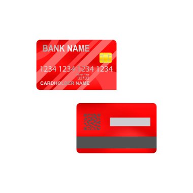 Realistic red bank card, credit card in two sides with a chip.