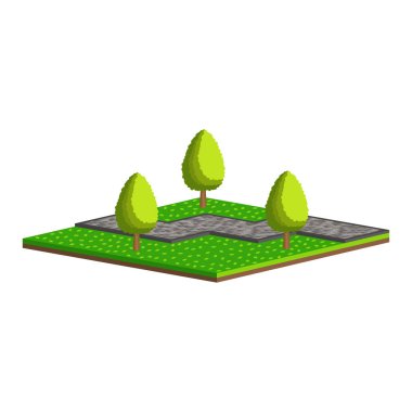 Bir park alanı dizaynı. Ağaçlar ve otlarla döşenmiş kaldırımlardan yürüme yolu. Vektör izometrik ve üç boyutlu görünüm.