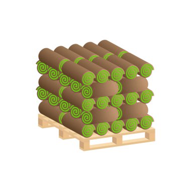 Turf Rolls. Palette çimen ruloları. Vektör izometrik ve 3D görünüm.