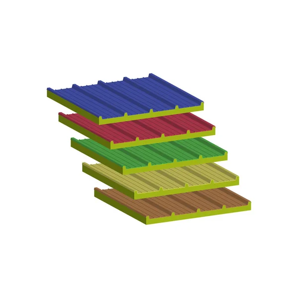 Ein Satz Zweilagiger Dachsandwichpaneele Eine Füllstoff Mineralwolle Vektor Isometrische Und — Stockvektor