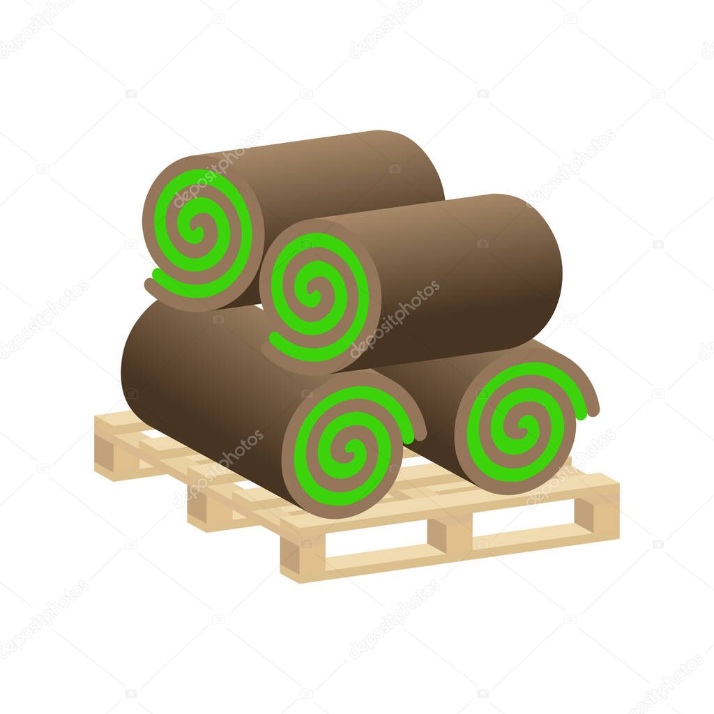 Turf Rolls.Lawn rolls on pallet.Vector isometric and 3D view.