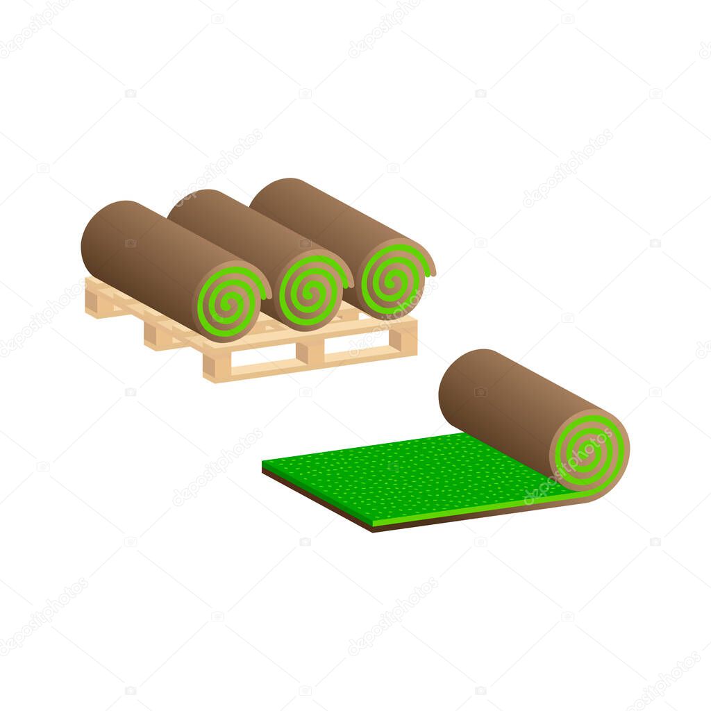 Turf Rolls.Lawn rolls on pallet.Vector isometric and 3D view.