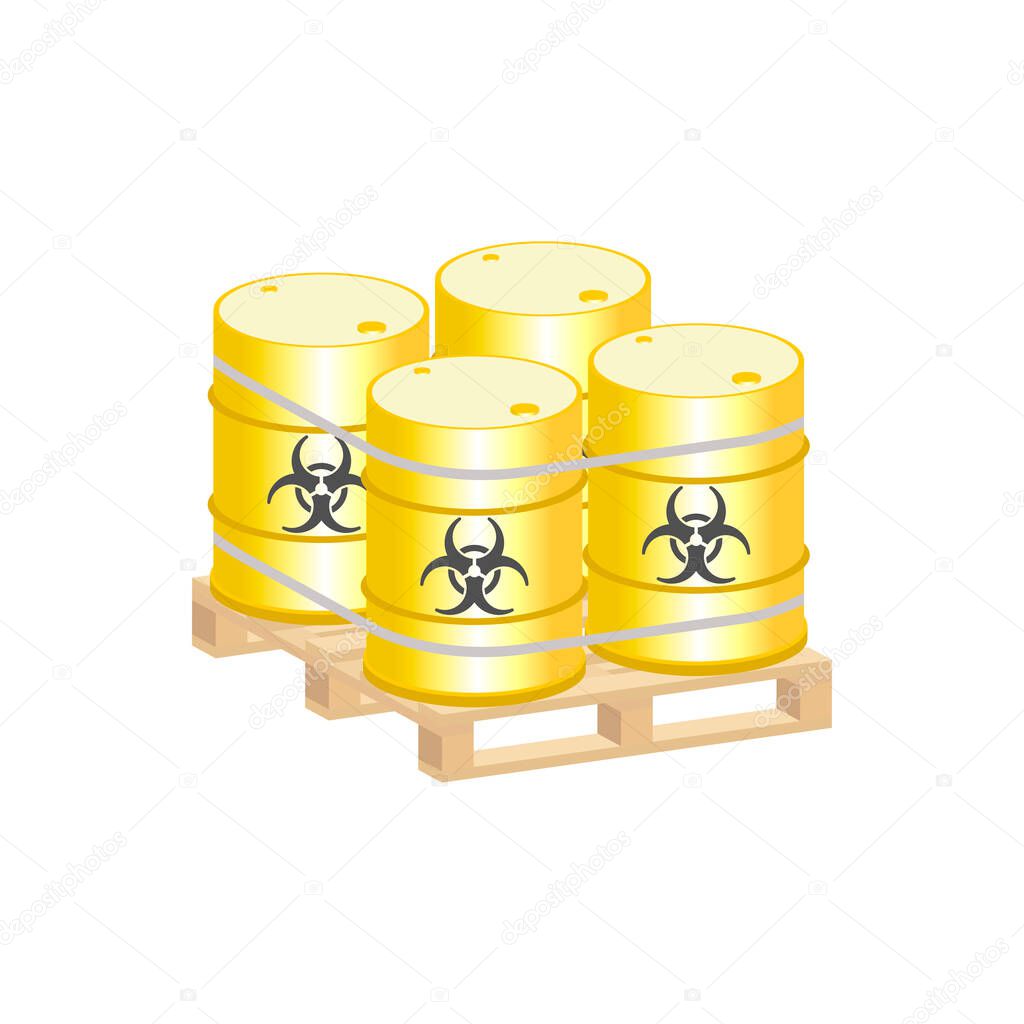 Metal barrels with biological waste on a pallet.Vector isometric and 3D view.