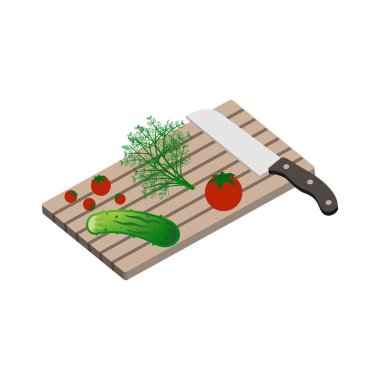Yaz salatası pişiriyorum. Mutfak bıçağıyla kesme tahtası ve domates, salatalık, dereotu beyaz arka planda izole edilmiş. Isometric ve 3D manzara..