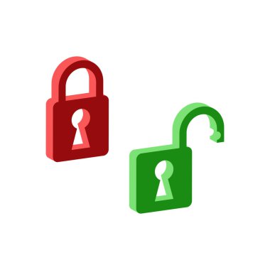 Kilit açma simgesi beyaz arkaplanda izole edildi. Isometric ve 3D görünüm.