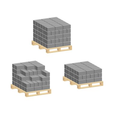 Beyaz arkaplanda izole edilmiş paletler üzerinde inşaat için çimento blokları. Isometric ve 3D görünüm.