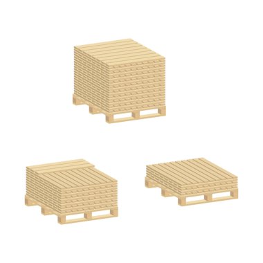 Beyaz arkaplanda izole edilmiş bir palette inşaat tahtaları. Isometric ve 3D görünüm.