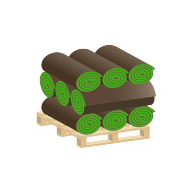 Turf Rolls. Beyaz arka planda izole edilmiş palette çimen ruloları. Vektör izometrik ve 3 boyutlu görünüm.