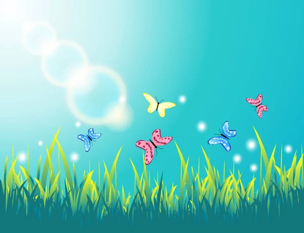 Літній Сонячний День Пейзаж Метеликами Траві Життя Комах Лузі — стоковий вектор
