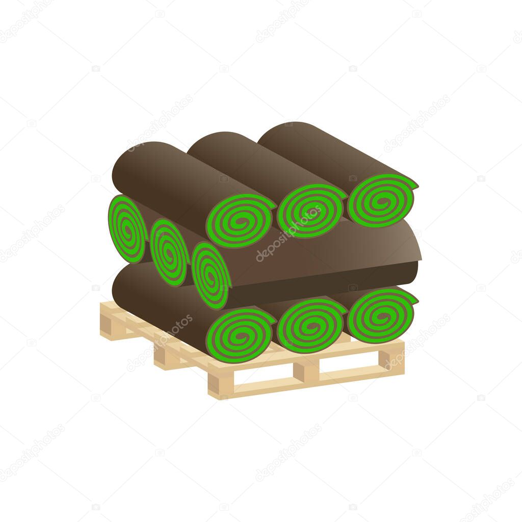 Turf Rolls.Lawn rolls on pallet isolated on white background.Vector isometric and 3D view.