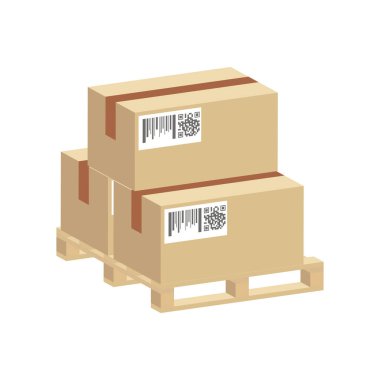 Karton kutularda kargo paketleri, beyaz arka planda izole edilmiş palet üzerine paketlenmiş. Vektör izometrik ve 3D görünüm.