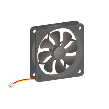 Gerçekçi PC soğutucu. Bilgisayar donanım fan beyaz arka plan 33d vektör çizimi ve gerçekçi izometrik görünüm izole.