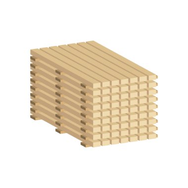 Beyaz arkaplan 3D vektör illüstrasyonu ve izometrik görünümde izole edilmiş kerestelerin doğru depolanması.