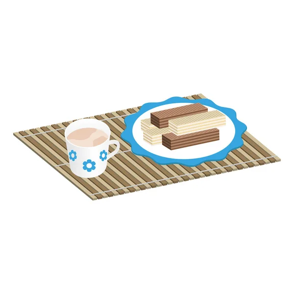 Rectangular Crispy Waffles Milk Filling Chocolate Plate Cup Cocoa Bamboo — Stock Vector