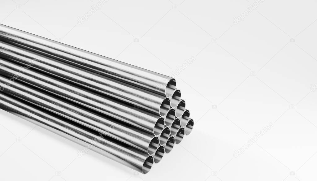 3d render of metal pipes stacked in a pyramid isolated on a white background.Digital illustration for your business and industry.