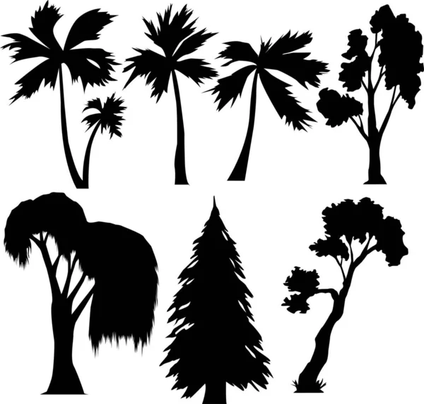 様々な形や種の木々のシルエットのベクトル画像のセット — ストックベクタ