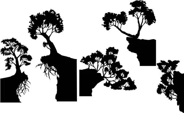 Набор Векторных Изображений Силуэтов Различных Деревьев Частично Выступающими Корнями — стоковый вектор